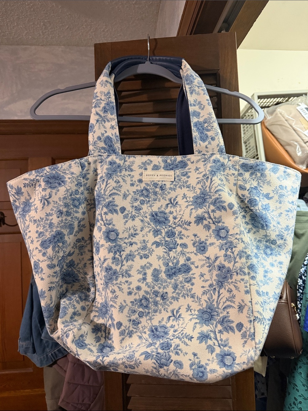 Poppy & Peonies Blue and White Floral Canvas Tote